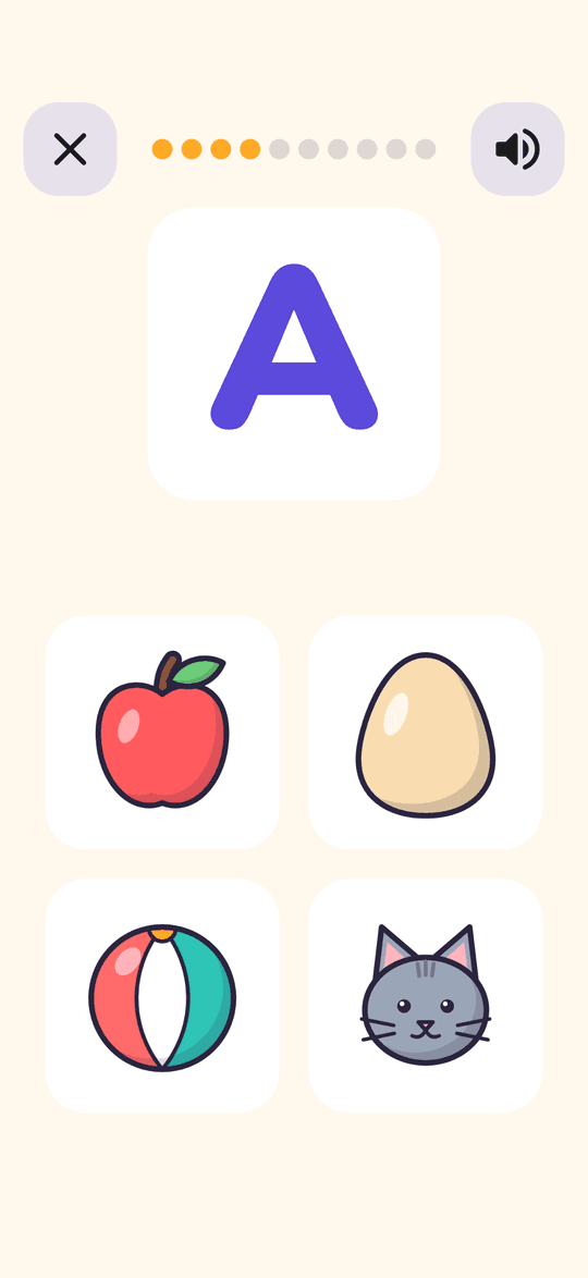 Letters game showing the letter A and four pictures