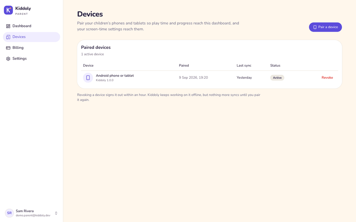 Devices page with pairing
