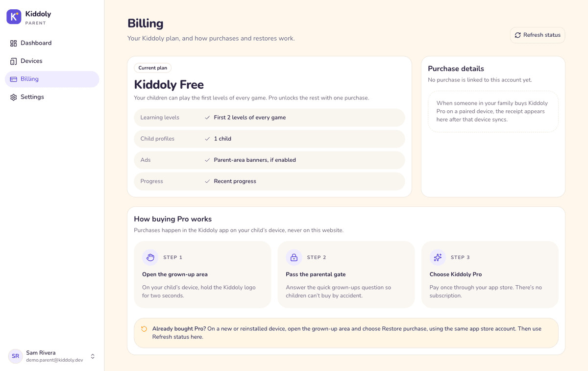 Billing page showing the plan