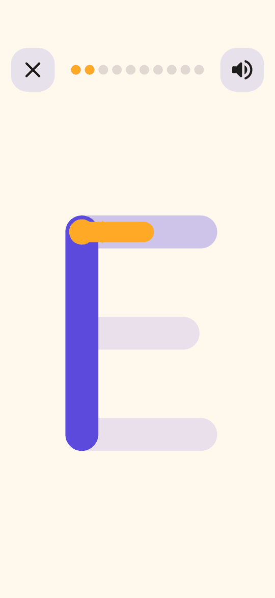 Tracing the letter E, first stroke complete