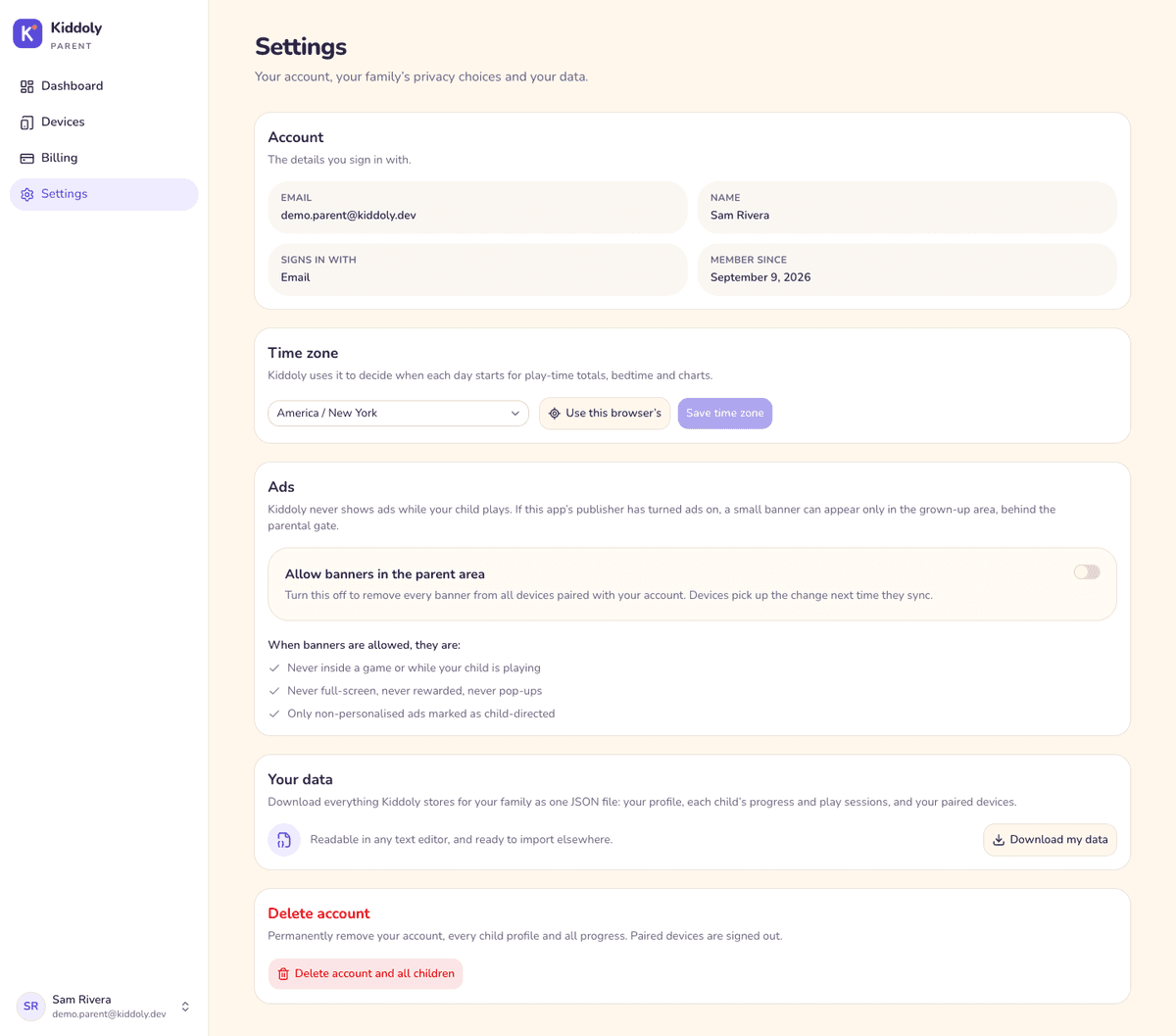 Settings page with export and delete account