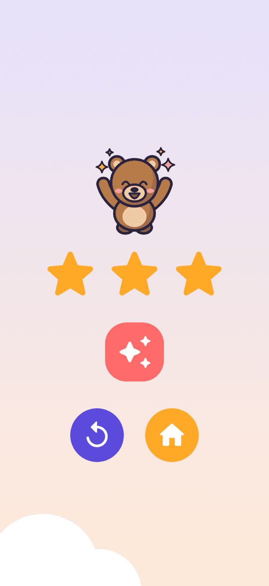 Celebration screen with three stars and a cheering bear