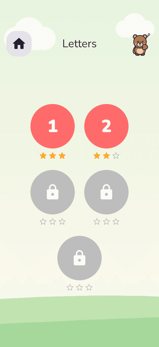 Letters level picker with two levels played and three locked