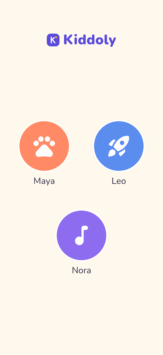 Child picker showing Maya, Leo and Nora