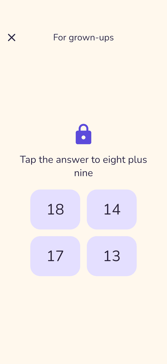 Parental gate asking for eight plus nine written in words