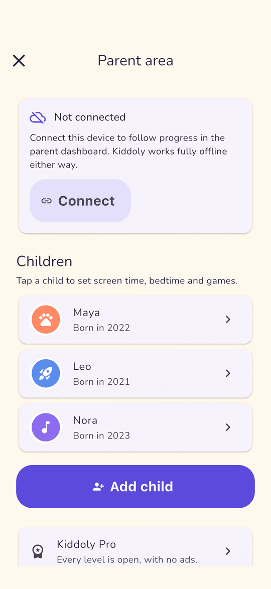 Parent area with connection status, children and Kiddoly Pro