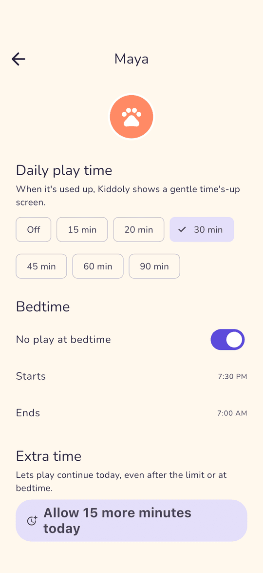 Child settings with daily play time, bedtime and extra time