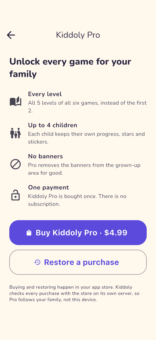 Kiddoly Pro upgrade screen with buy and restore buttons