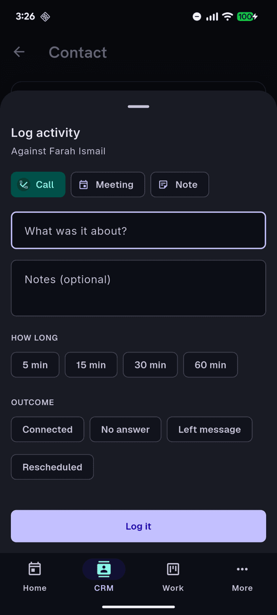 Logging a call against a contact from the Flutter app
