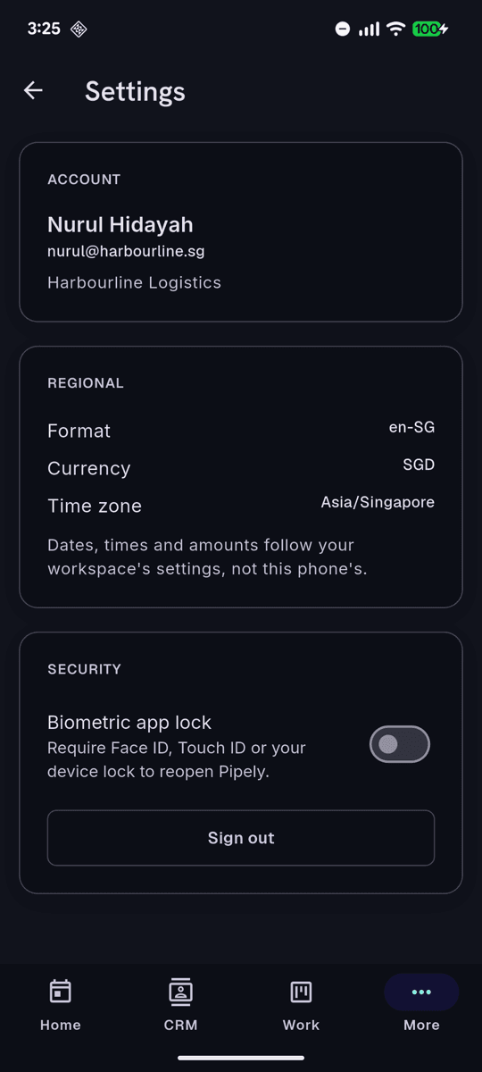Flutter app settings showing biometric lock and the workspace’s regional formatting