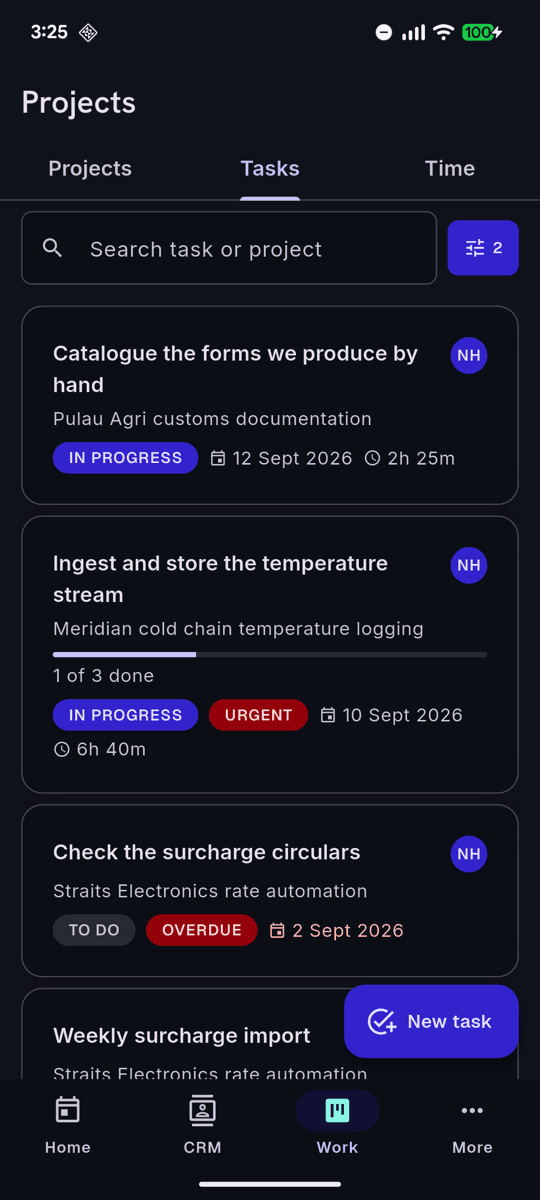 The task list in the Pipely Flutter app
