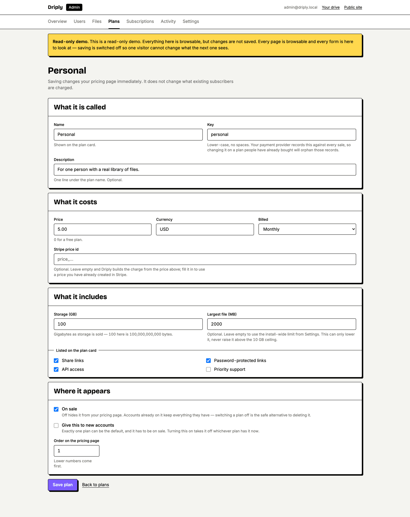 Driply admin plan editor