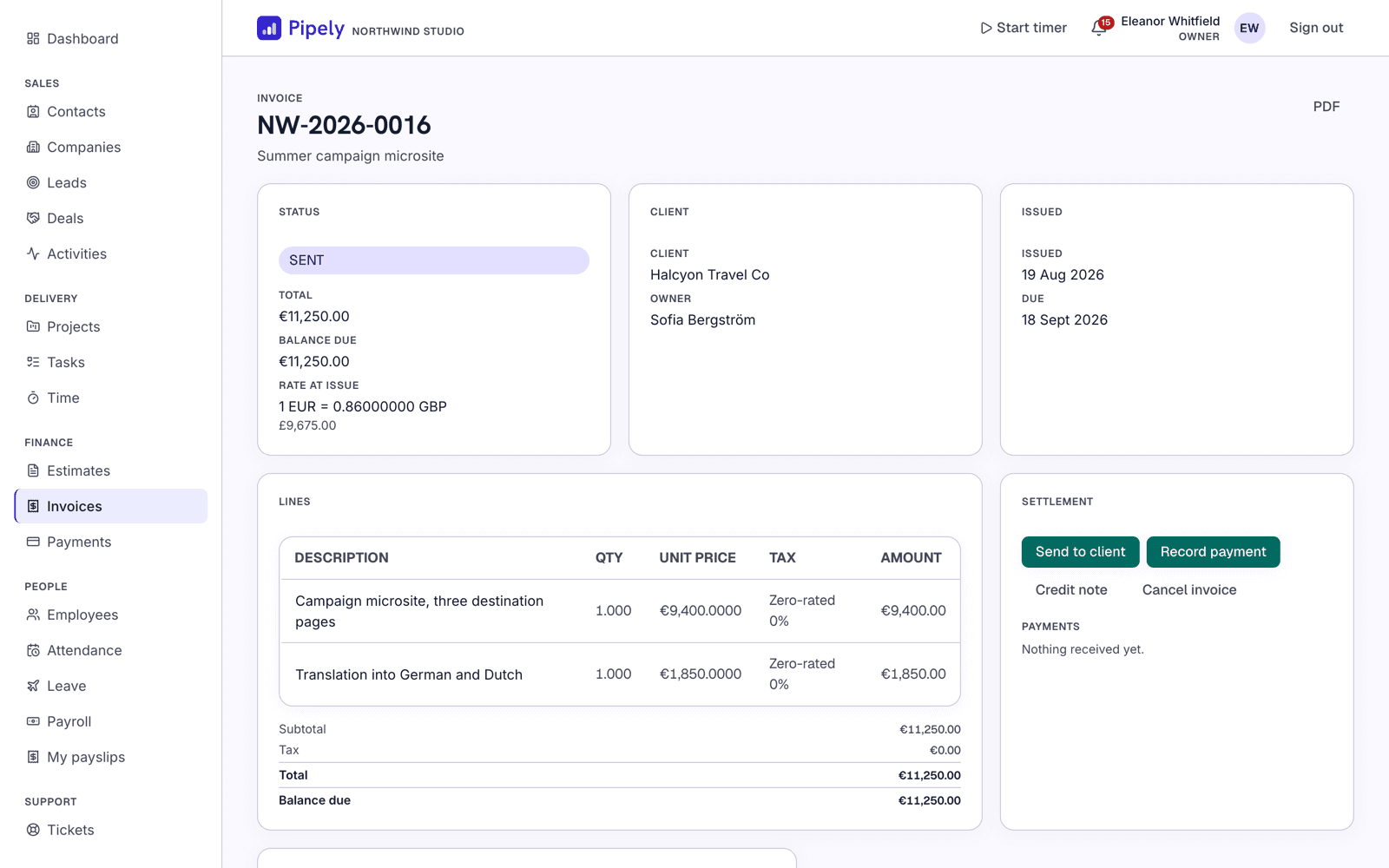 An invoice with line items, tax, a recorded payment and its receipt