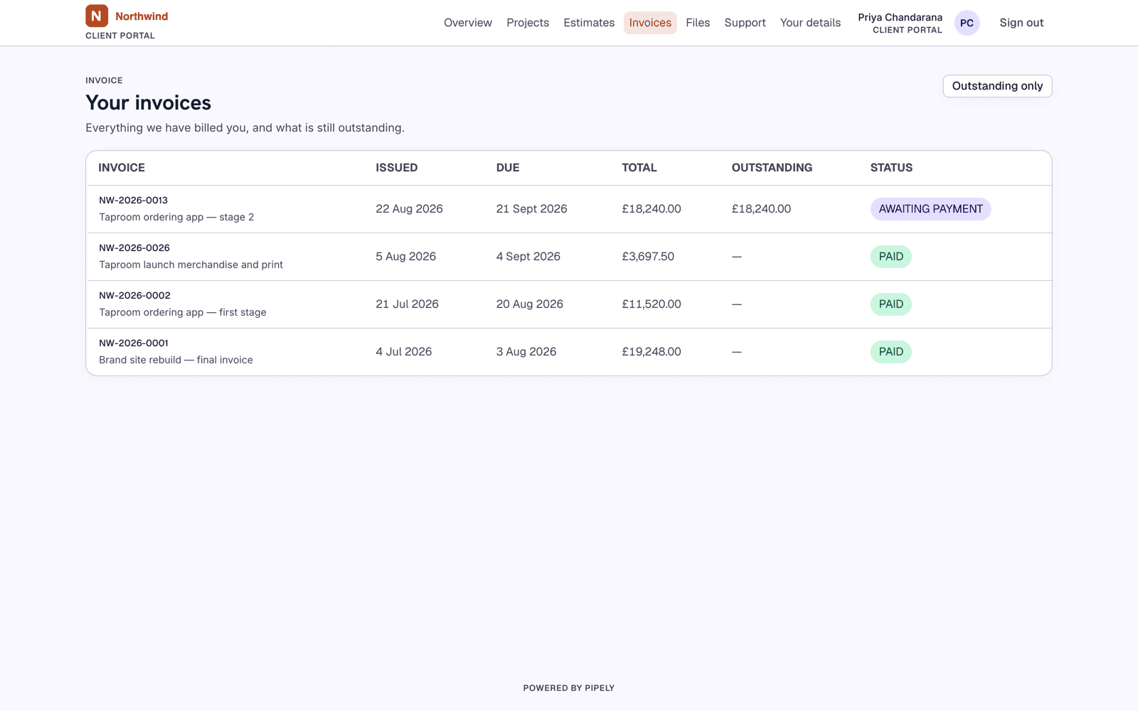 The client portal, white-labelled, showing a customer’s invoices