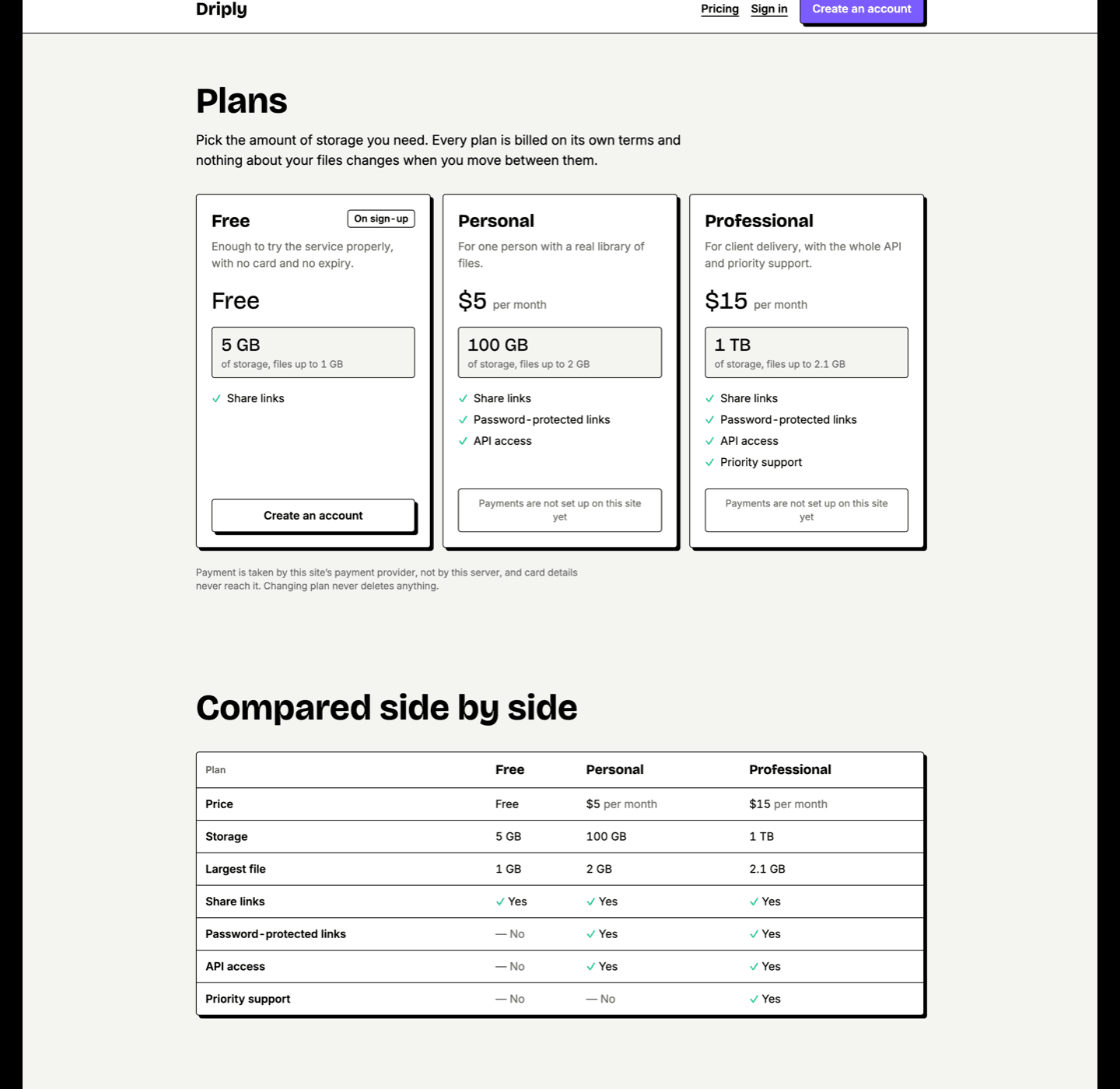 Driply pricing page