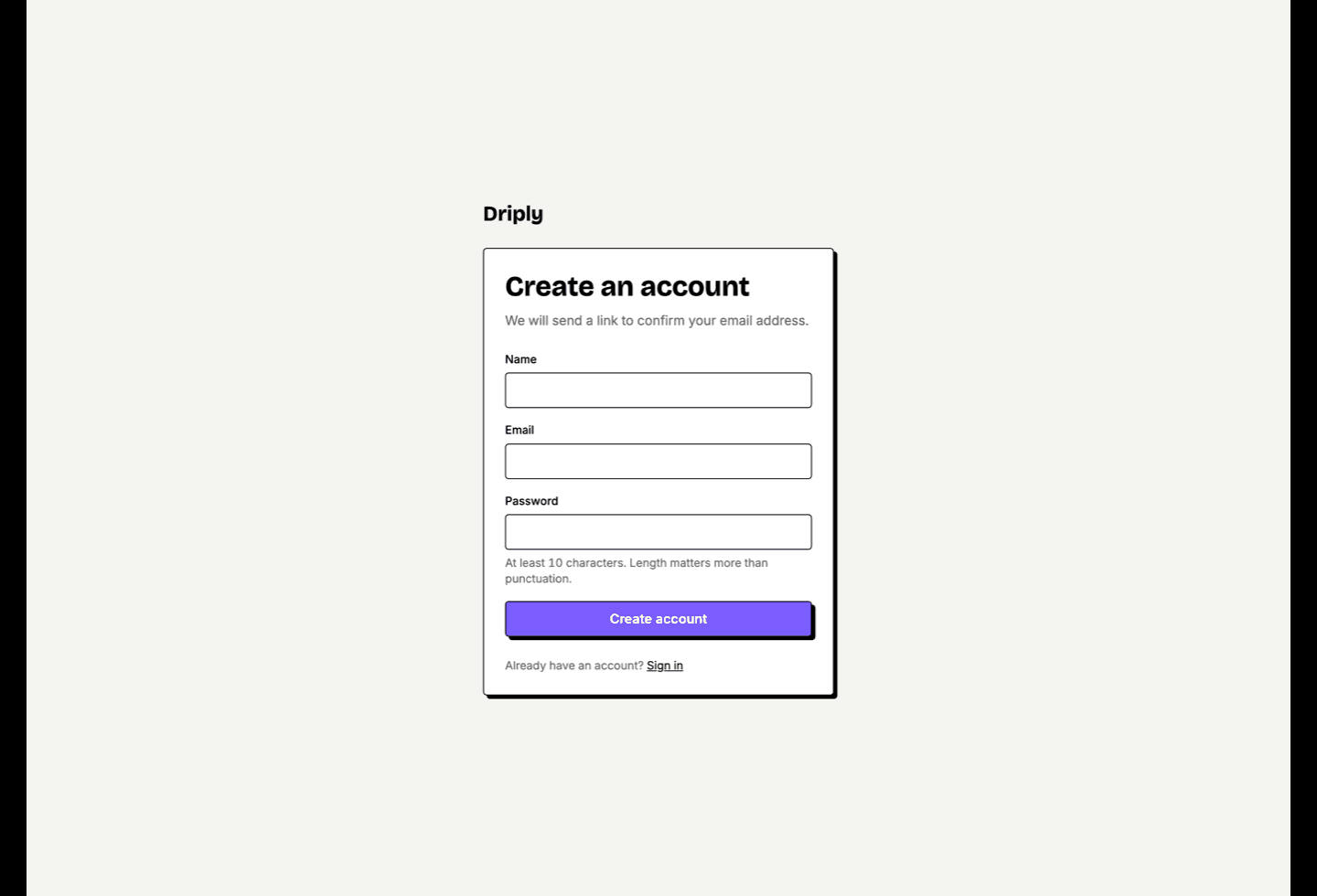 Driply registration page