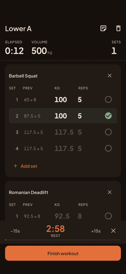 Rest timer docked above the finish button, counting down from just under three minutes