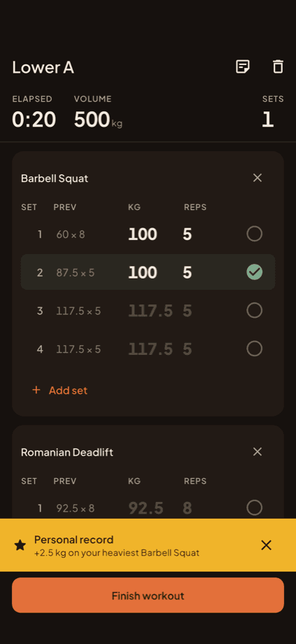 Personal record banner reading plus 2.5 kg on your heaviest Barbell Squat