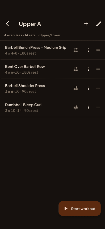 Routine detail showing four exercises with target sets, rep ranges and rest