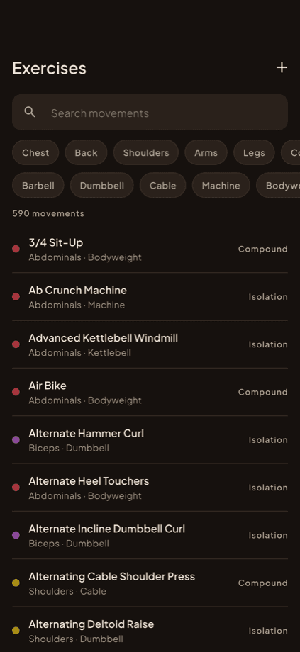 Exercise catalogue of 590 movements with muscle group and equipment filter chips