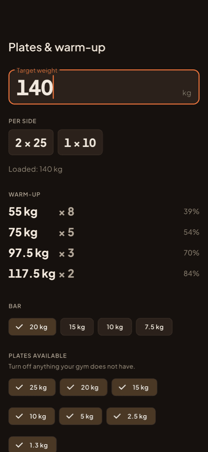 Plate calculator showing plates per side for 140 kg and a four-step warm-up ramp