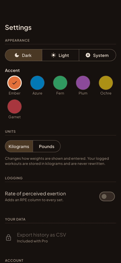 Settings screen with theme mode, six accent colours, units and an RPE toggle