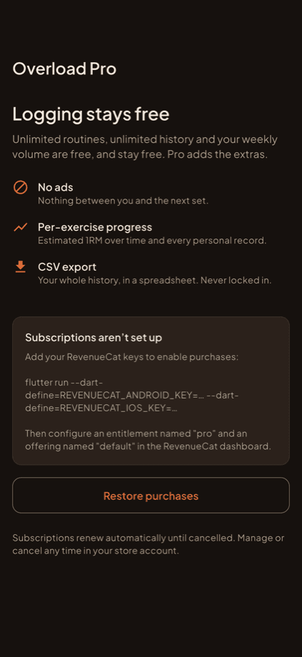 Pro paywall listing three benefits and explaining that RevenueCat keys are not configured